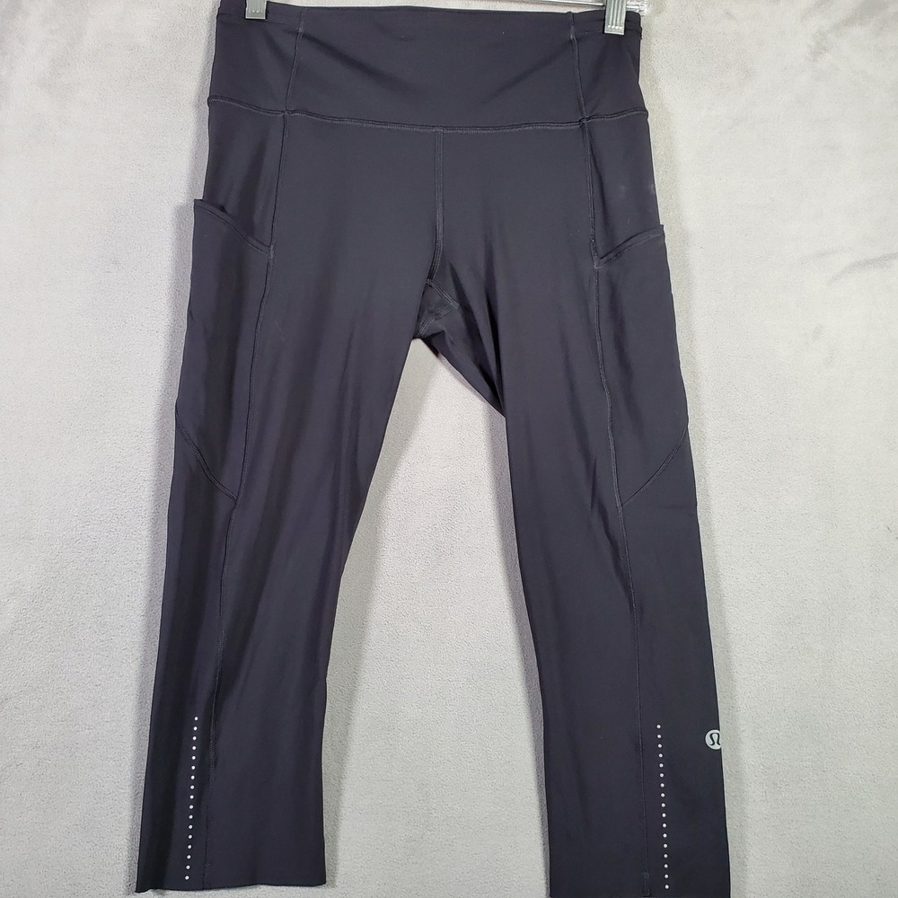 Lululemon Crop Leggings Womens 4 Black Pockets Reflective Athleisure Activewear